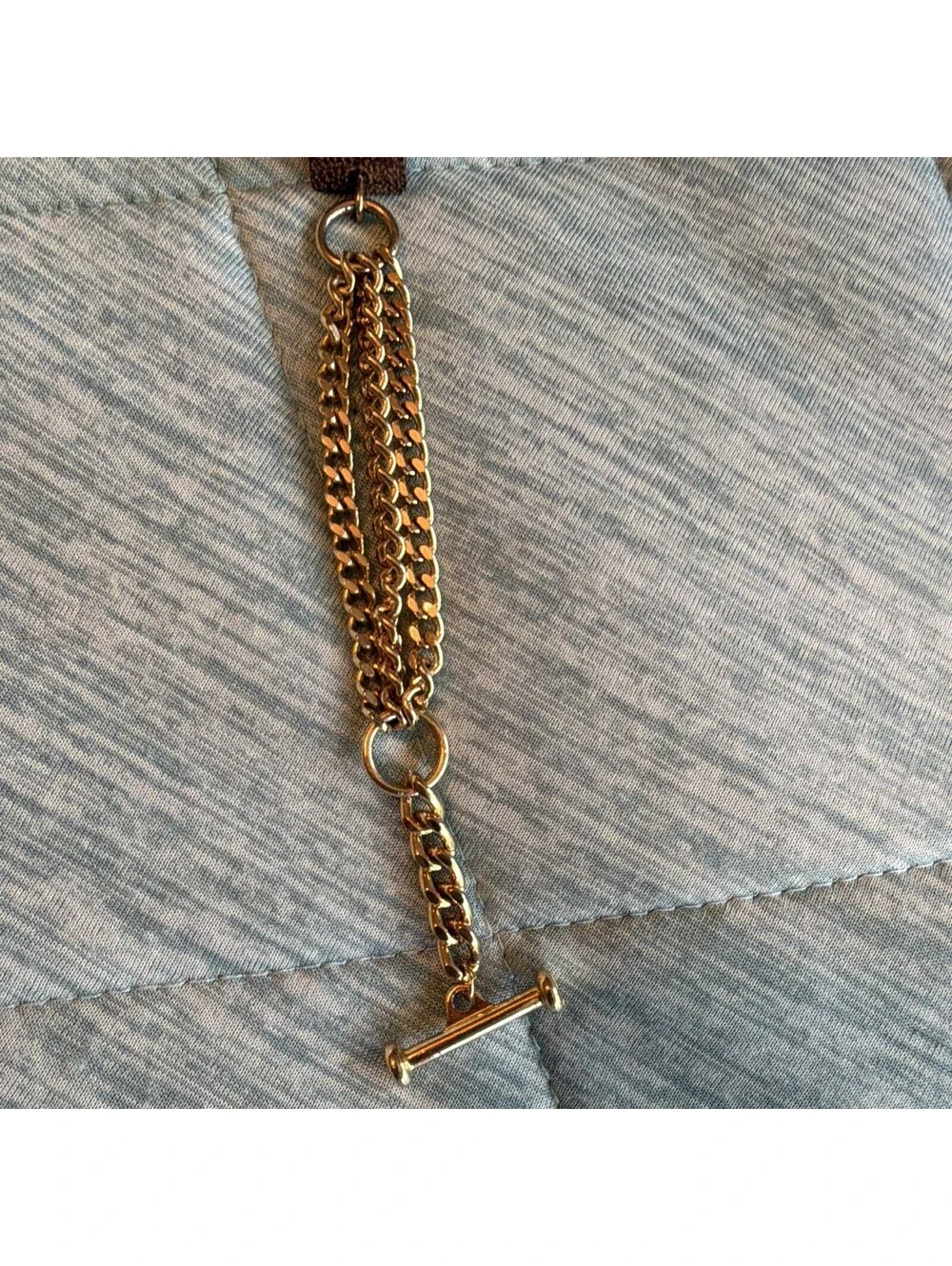 Gold Tone Multi Chain Bracelet Wood Bar Accent Toggle Clasp Boho Statement